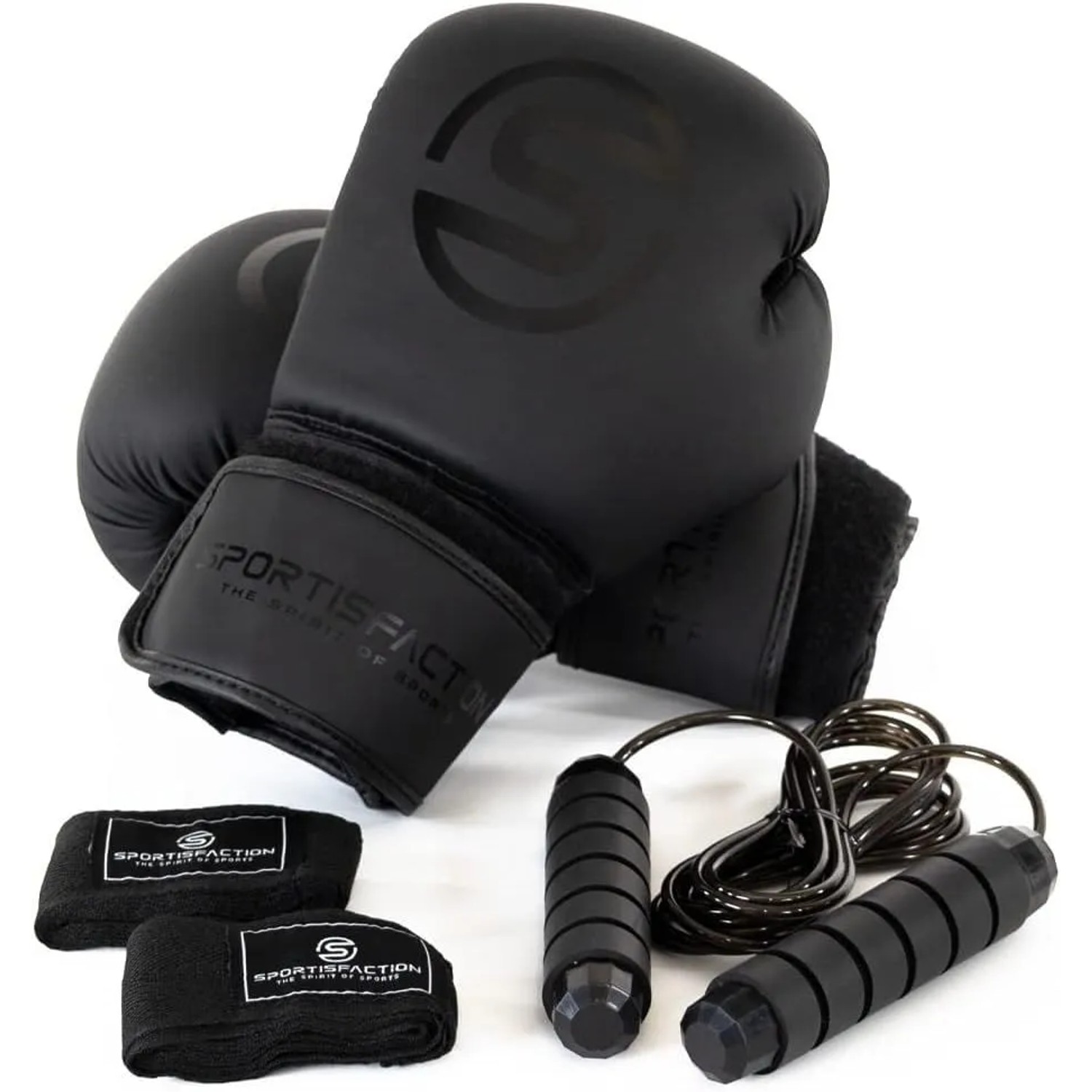 Sportisfaction Boxhandschuhe 8oz Set inkl. Bandagen & Springseil Schwarz PU-Leder