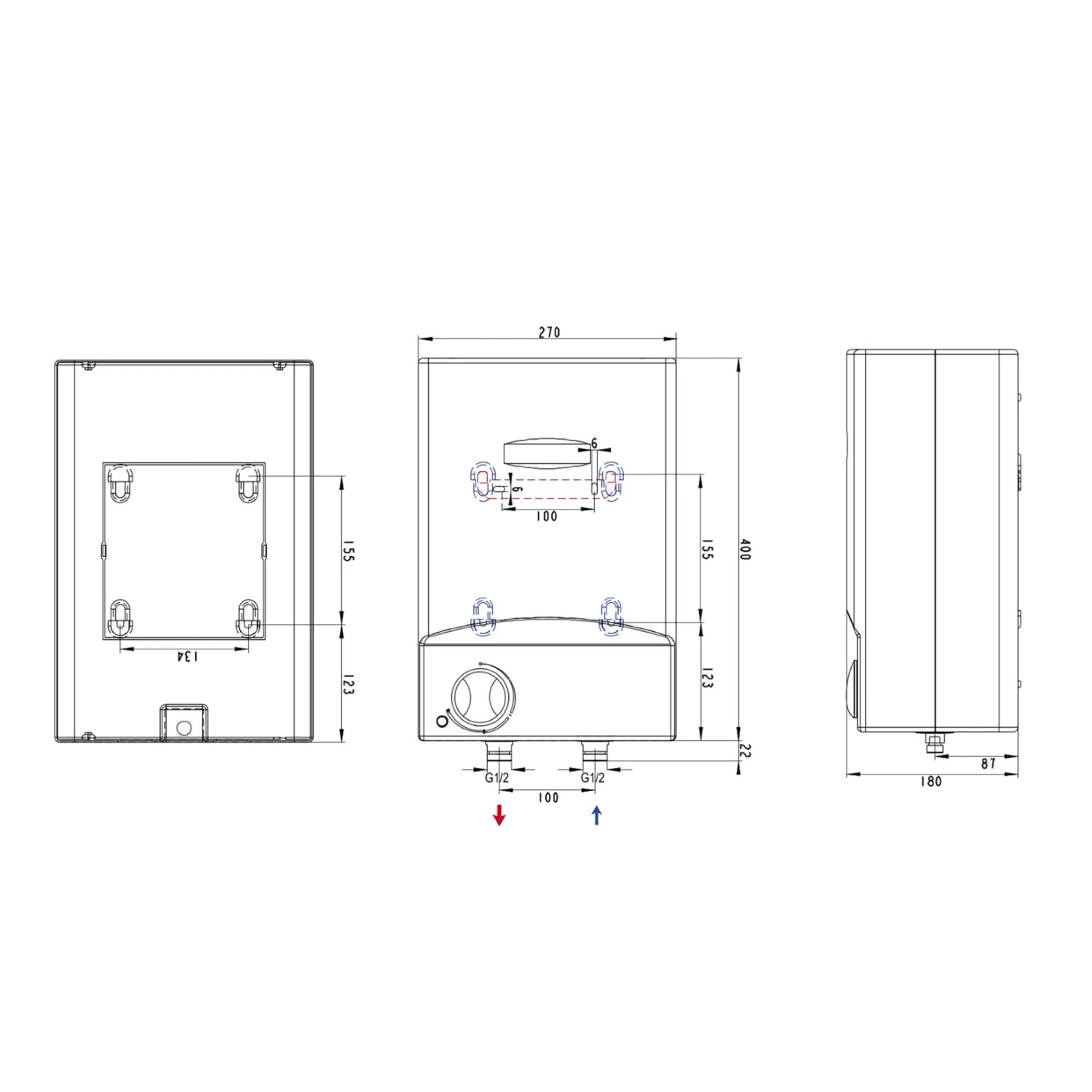 Technische Zeichnung Thermoflow Obertischspeicher 5L mit Armatur QMIX10, Maße und Anschlüsse dargestellt.