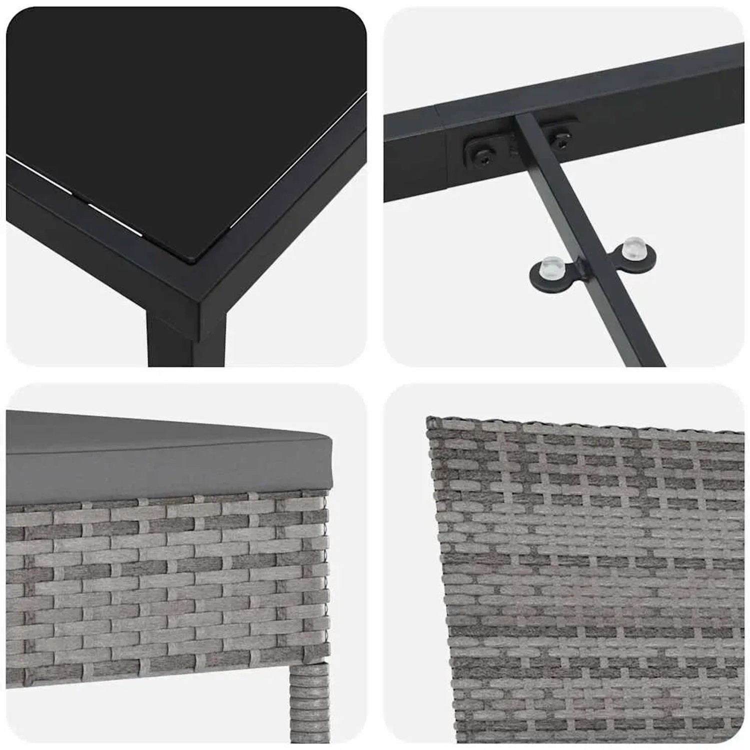 Detailansicht: vidaXL Garten Essgruppe, 7-tlg., grau, Poly Rattan, Tischplatte aus Glas, Stuhl mit Sitzkissen.