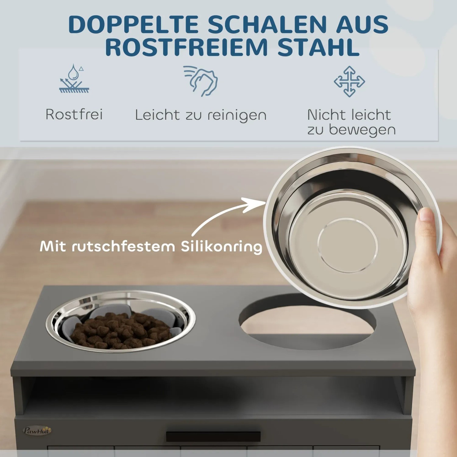 PawHut Futterstation mit Hundenäpfen aus Stahl, grau. Erhöhte Futterbar mit Schublade für Hundefutter.