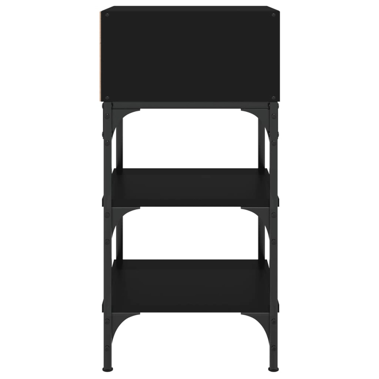 2er Set schwarze Nachttische (35x34,5x70 cm) aus Holzwerkstoff mit Eisenrahmen.