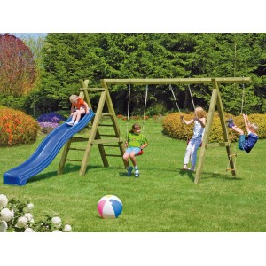 T&J Spielanlage Willi aus Kreuzholz mit Schaukeln, Leiter und Rutsche im Garten.