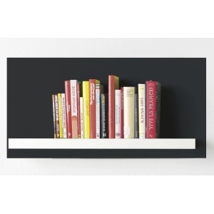 Wand mit Alpina Night Black Abtönfarbe und Bücherregal mit Kochbüchern.