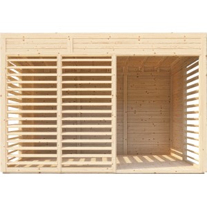 Bertilo Pavillon Garten-Lounge aus Holz, naturbelassen mit Lamellen für Sichtschutz und offene Bauweise.