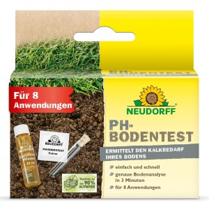 Neudorff PH-Bodentest-Set zur Kalkbedarfsermittlung mit Testflüssigkeit, Pulver und Teströhrchen.