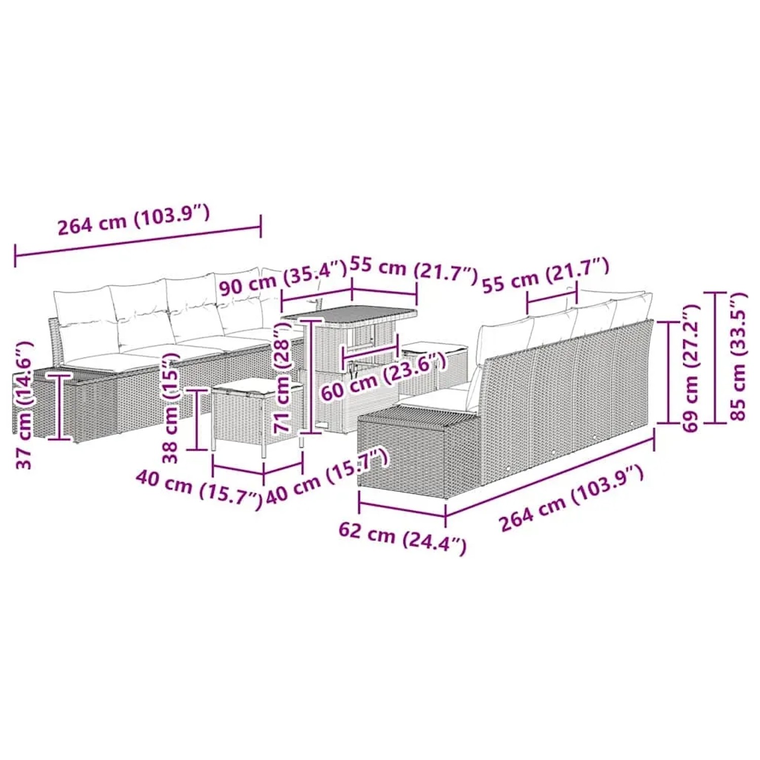 vidaXL Garten-Sofa-Set, 11-teilig, schwarz, Poly Rattan, mit Maßen. Ideal für Terrasse und Garten.