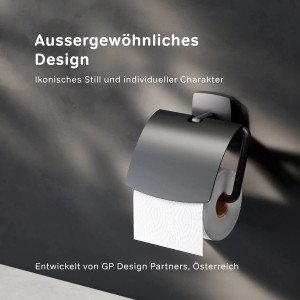 AM.PM Toilettenpapierhalter Gem Schwarz mit Deckel an dunkler Wand.