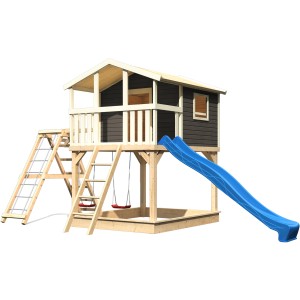 Karibu Stelzenhaus Benjamin grau mit Schaukel, Klettergerüst, Netzrampe und blauer Rutsche.