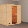 Karibu Sauna Selena Natur: Massivholzsauna mit Glastür und zwei Bänken aus Espenholz.