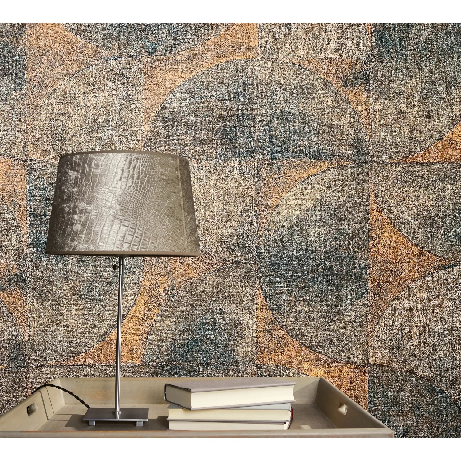 Marburg Vliestapete Vintage Deluxe mit geometrischem Muster in Kupfer und Anthrazit.