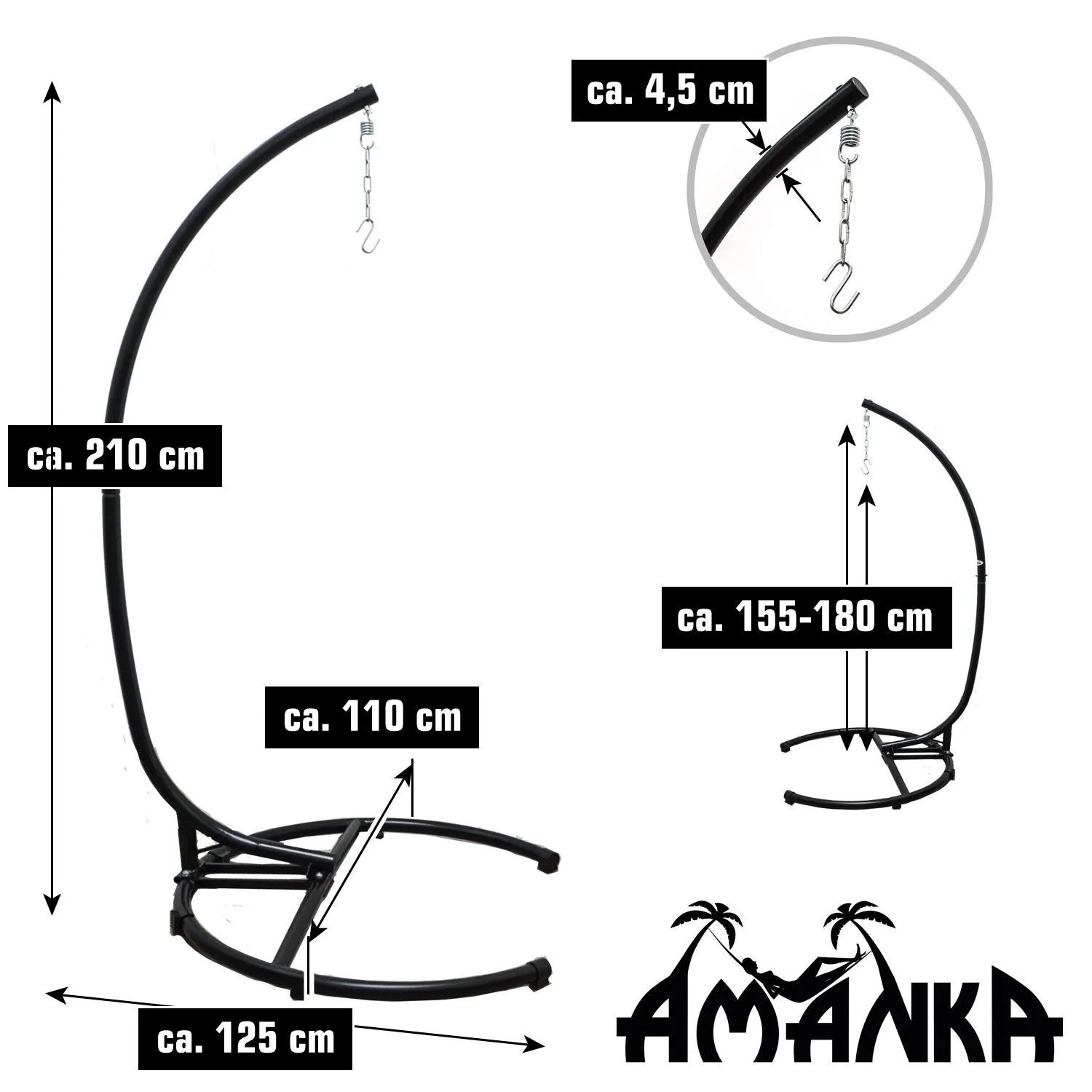 Schwarzes AMANKA Hängesessel-Gestell aus Metall, 210 cm hoch, 110x125 cm Standfläche. Höhenverstellbar für Garten.
