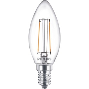 Philips LED E14 Kerzenlampe, 2er Set. Klares Glas, warmweißes Licht.