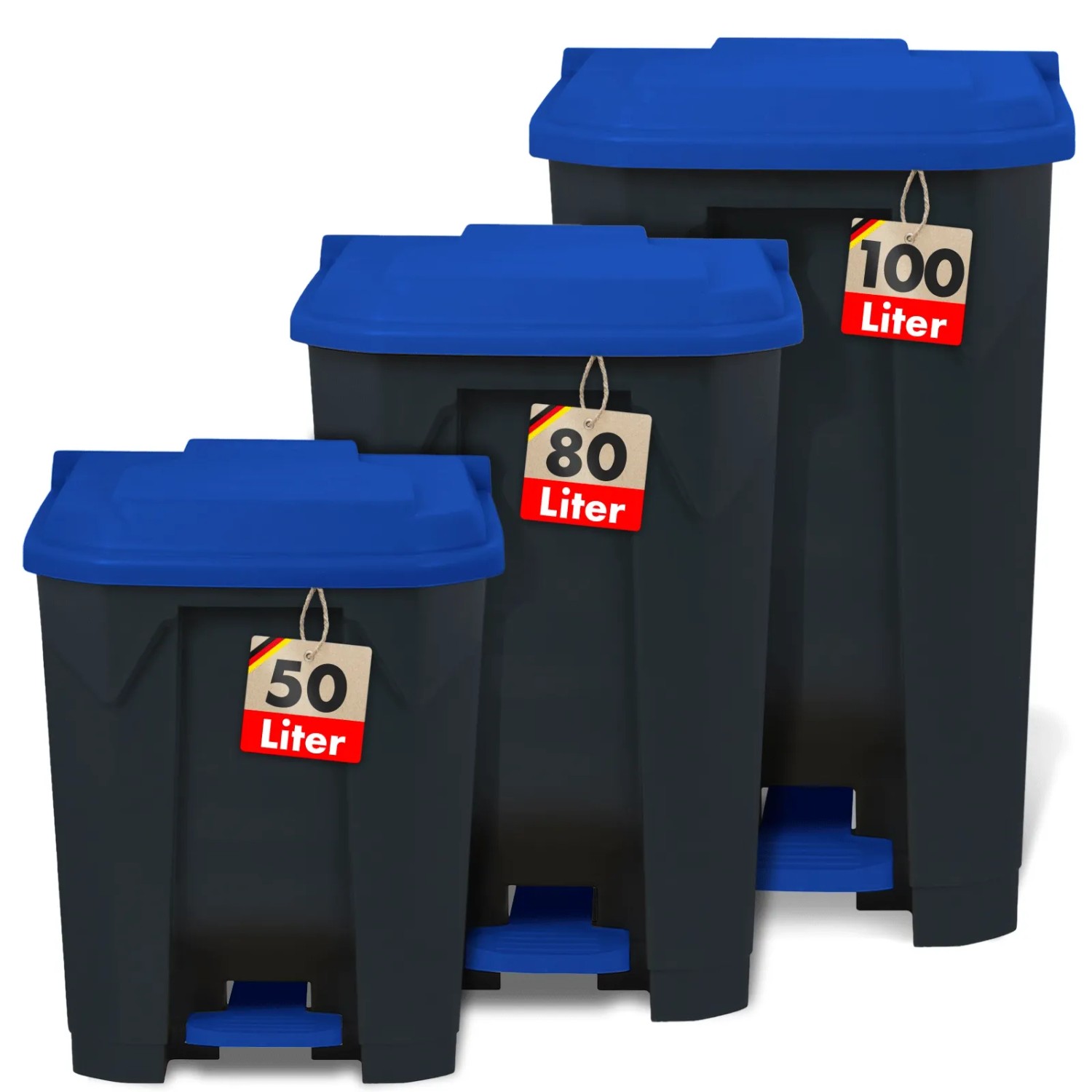 KARAT Mülleimer Olaf, 50/80/100 Liter, blaue Deckel, Tretmülleimer für Haushalt, Büro und Gewerbe.