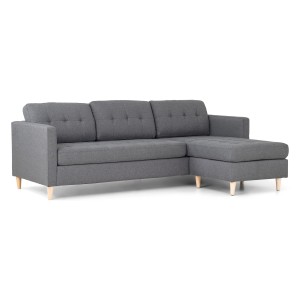 Hellgraues ebuy24 Marino Sofa mit Chaiselongue und Holzbeinen.