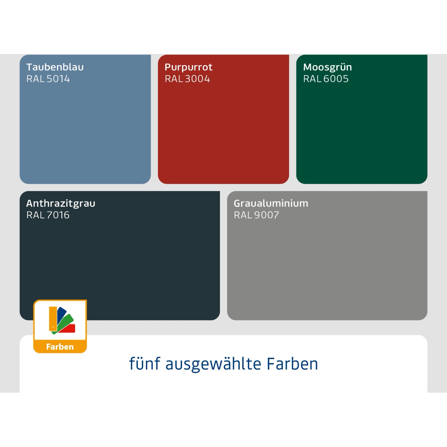 Farbauswahl für Ecostar Gerätehäuser: Taubenblau, Purpurrot, Moosgrün, Anthrazitgrau, Graualuminium.