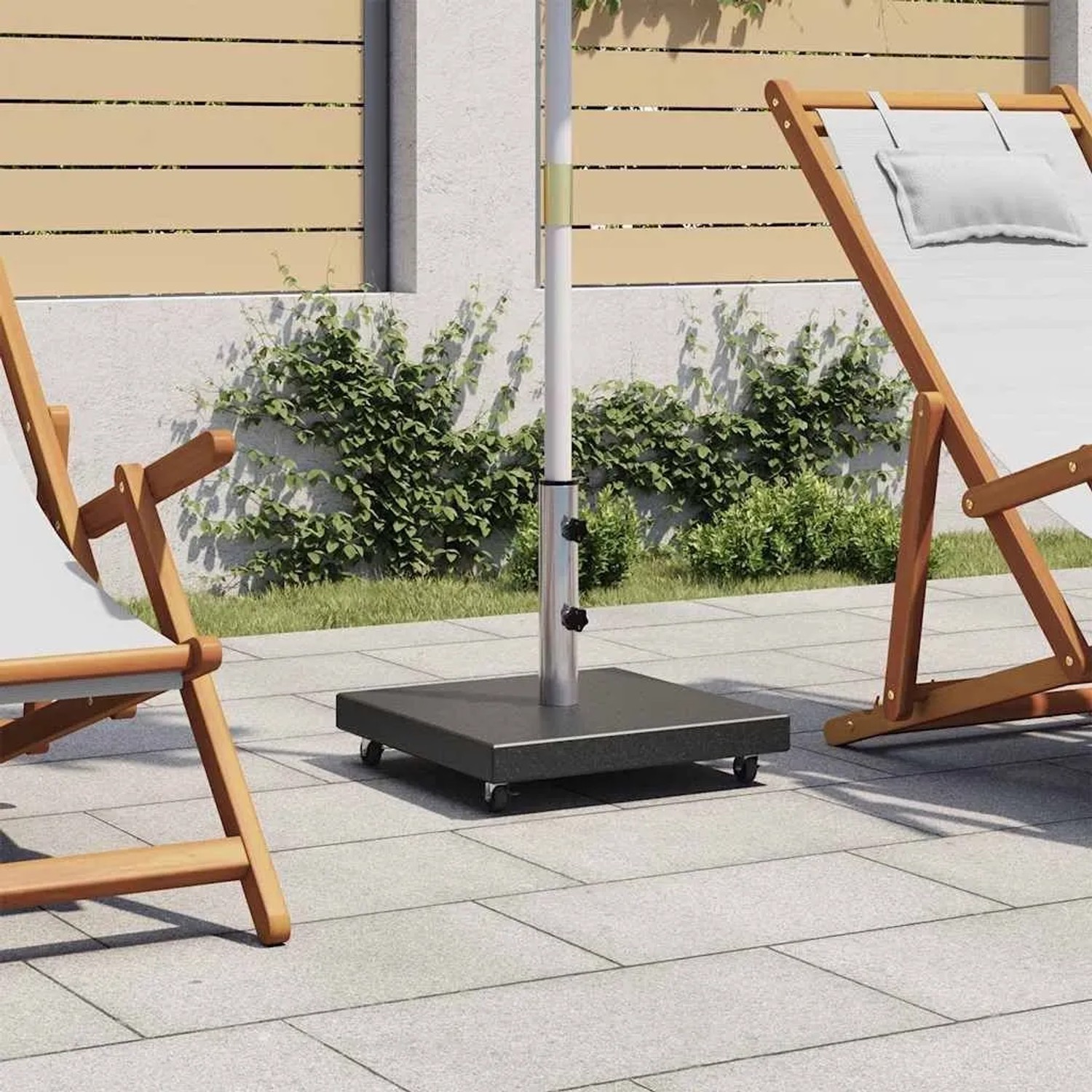 Quadratischer, schwarzer vidaXL Sonnenschirmständer aus Granit, 30 kg, mit Rollen.
