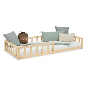 Homestyle4u Kinderbett Natur 90x200 cm aus Kiefernholz mit Rausfallschutz. Bodennah, inkl. Lattenrost.