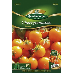 Samenpackung Quedlinburger Cherry Tomaten 'Sungold', gelbe, saftig-süße Früchte.