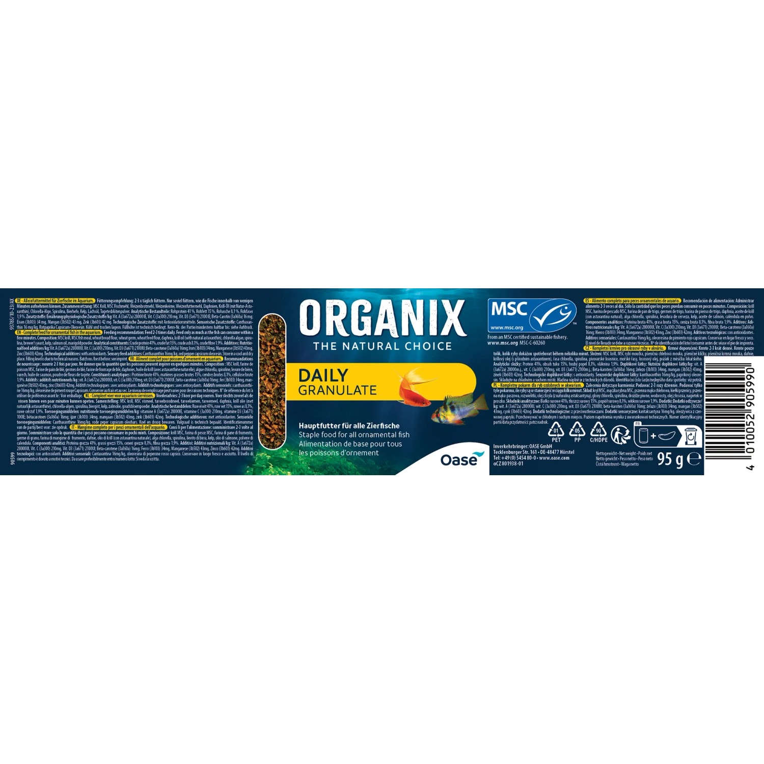 Oase Organix Daily Granulate Fischfutter, 250ml Packung für Zierfische im Aquarium.