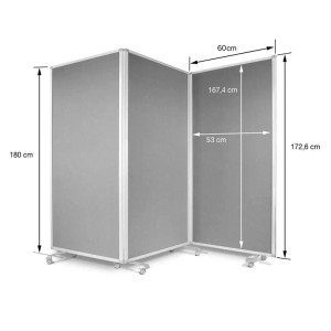 Graue, dreiteilige KARAT Filz Stellwand mit Rollen, 180x180 cm, für Büro und Präsentation.