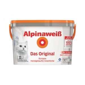 Eimer Alpinaweiß „Das Original“ Wandfarbe, matt, 10+2,5 Liter. Weiße Innenfarbe mit hoher Deckkraft.