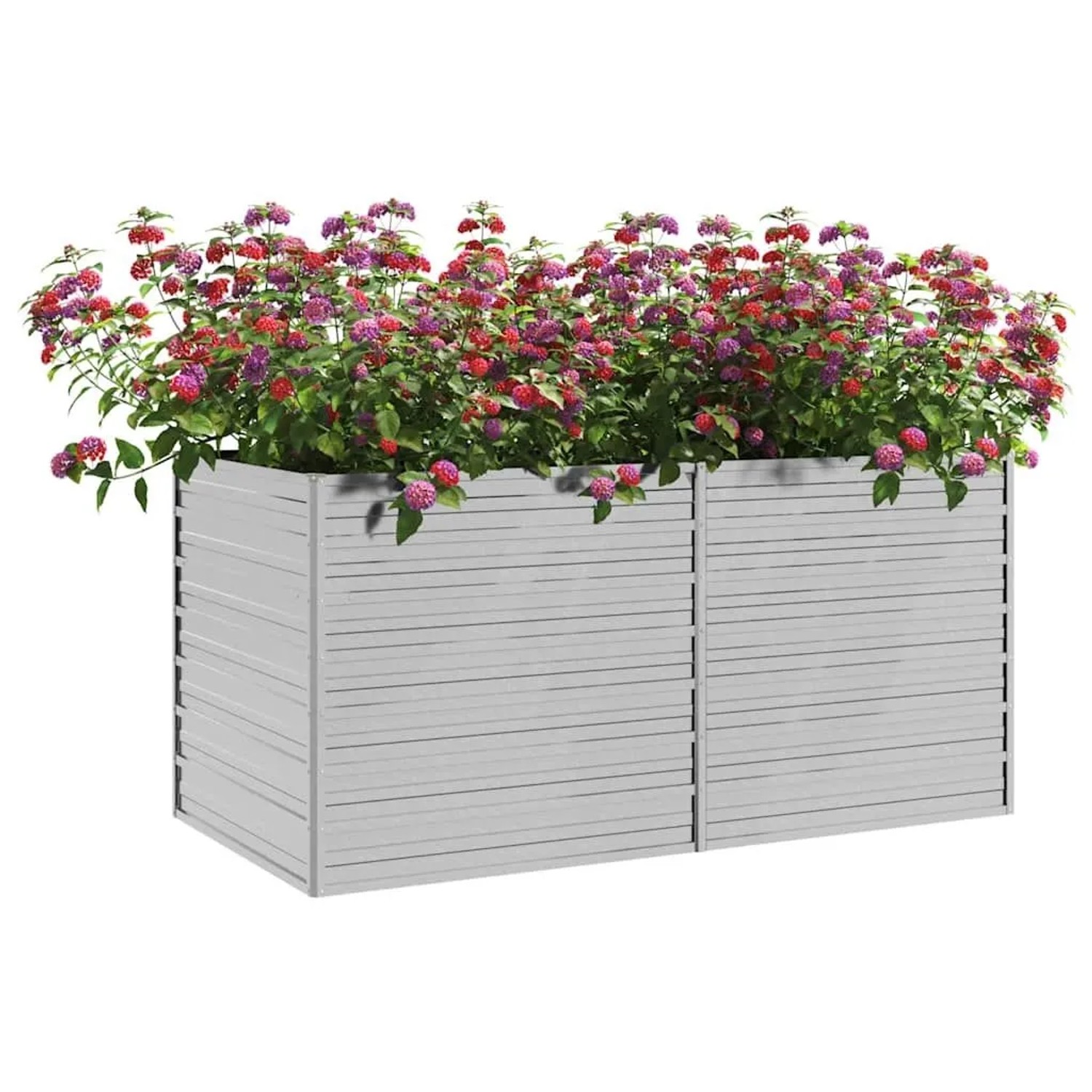 Silbernes furnicato Garten-Hochbeet aus verzinktem Stahl, bepflanzt mit bunten Blumen.