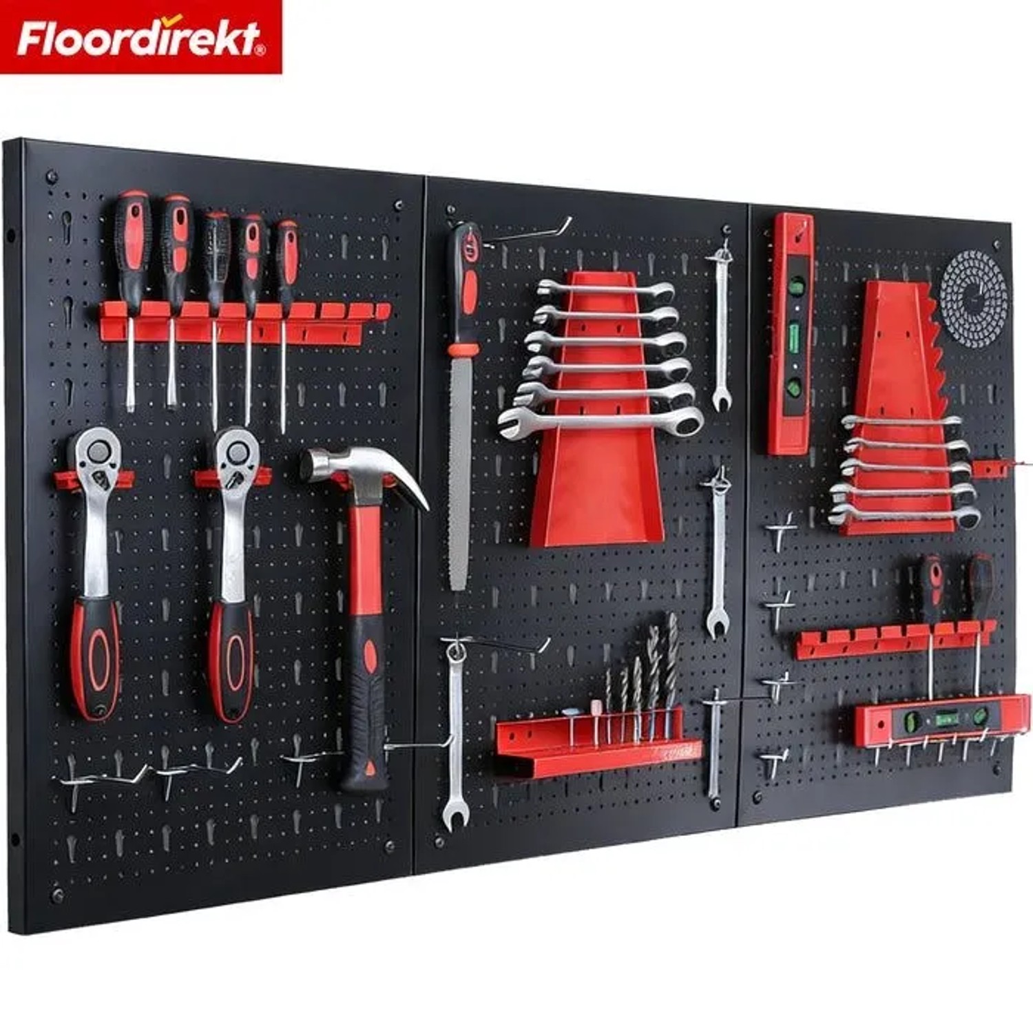 Floordirekt Werkzeugwand Parker Set mit Werkzeugen an schwarzer Lochwand mit roten Halterungen.