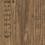 Laminatboden Comfort Toscana Flair Altholzstruktur, braune Holzdielen mit Schriftzügen.