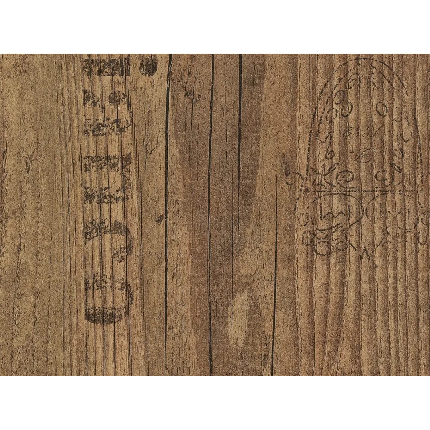 Laminatboden Comfort Toscana Flair Altholzstruktur, braune Holzdielen mit Schriftzügen.