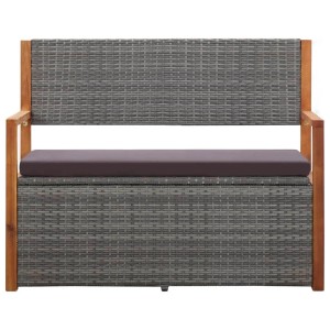 Graue Gartenbank aus Rattan mit Stauraum und Akazienholz-Gestell, inklusive Sitzkissen.