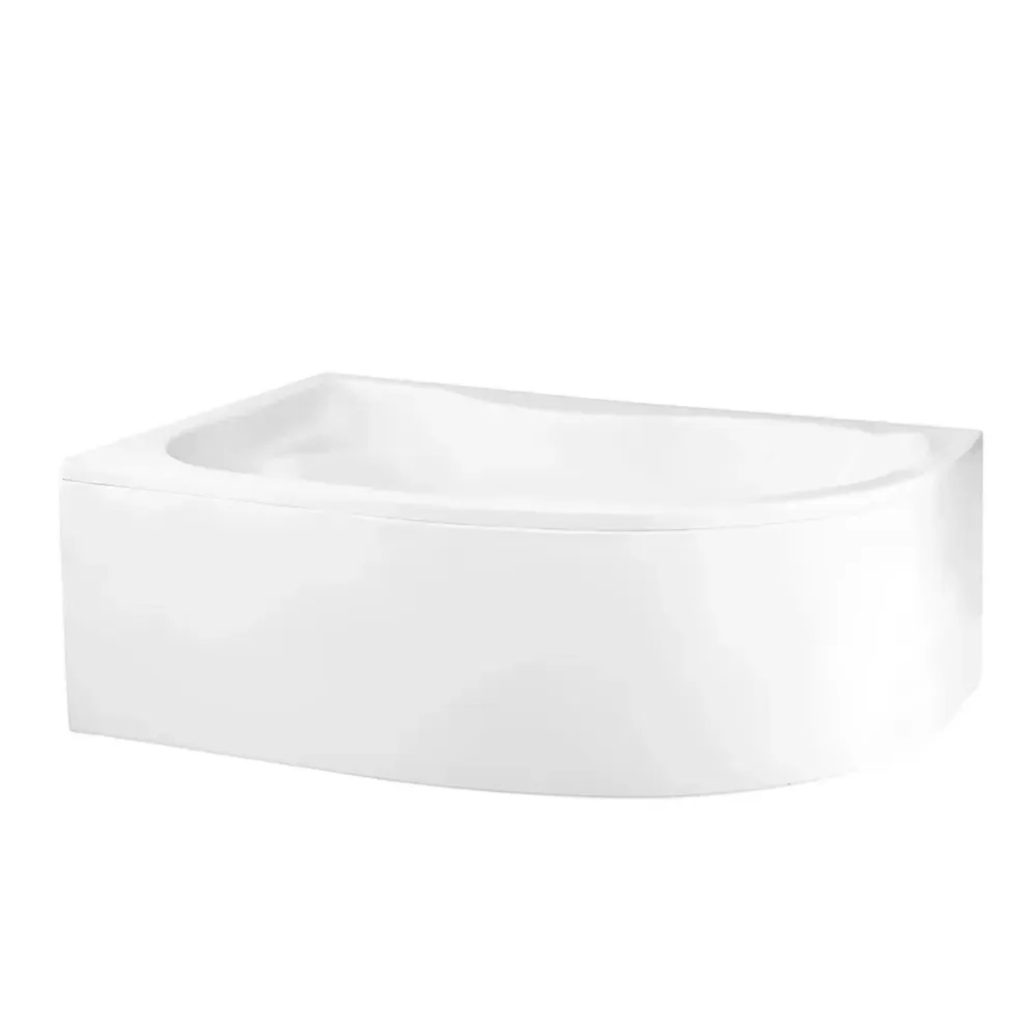 Weiße Bad Land Eckbadewanne MEGA 160x105 links aus Acryl mit integrierter Schürze, Ablauf und Füßen. Glänzende Oberfläche.