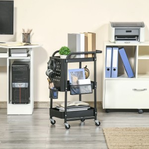 Schwarzer HOMCOM Servierwagen/Bürocontainer mit 3 Ablagen, Rollen und Zubehör.