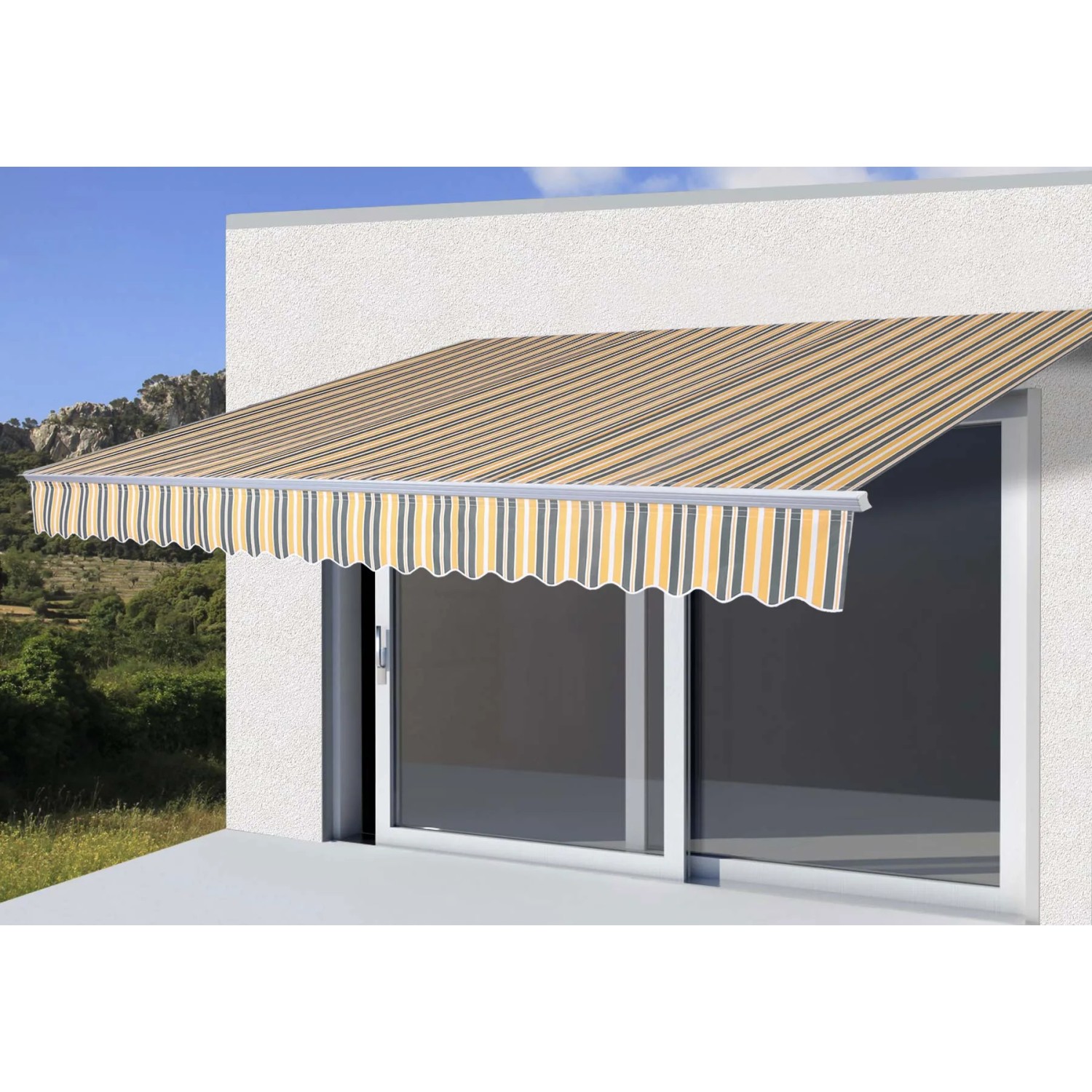 MCW Alu-Markise, 2,5x2m, grau-gelb gestreift, für Terrasse & Balkon.