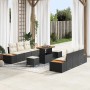 Schwarzes 9-teiliges vidaXL Garten-Sofa-Set aus Poly Rattan mit Tisch und Kissen.