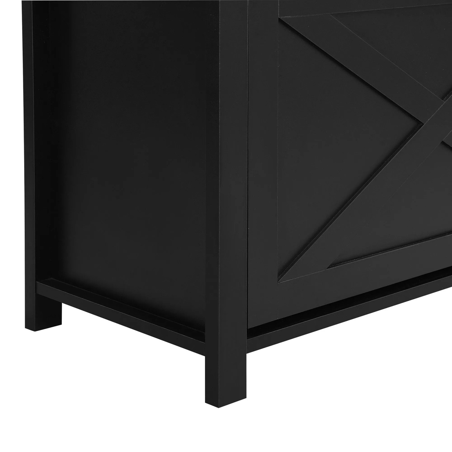 Schwarzer Garderobenschrank, Detailansicht des unteren Bereichs mit X-Muster. Modernes Design für Eingang & Schuhregal.