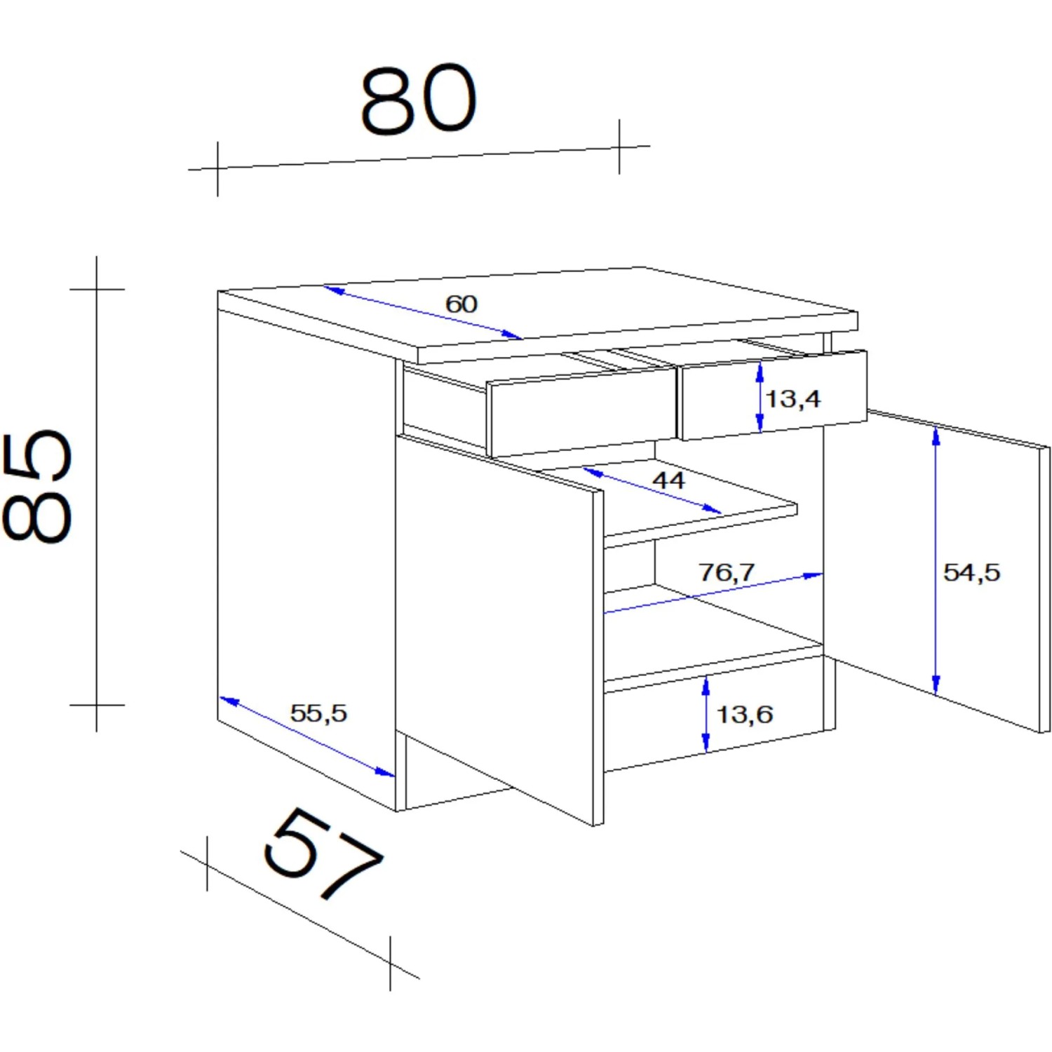 Skizze: Flex-Well Classic Unterschrank Florida, 80 cm, Weiß/Sonoma Eiche, mit Maßen. Küchenunterschrank mit Schubladen und Drehtüren.