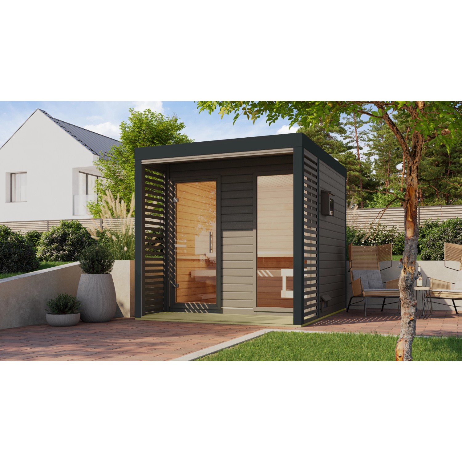 Karibu Saunahaus Seros 2 Terragrau/Anthrazit mit Ofen 9 kW Bio Ext. Strg. günstig online kaufen