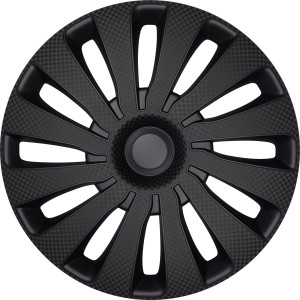 Schwarze 15 Zoll Radzierblende mit Carbon-Optik für Stahlfelgen.