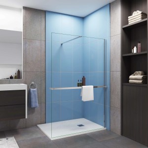 AICA Walk In Duschwand 140x200cm mit Regal und Handtuchhalter im Badezimmer.