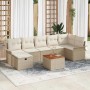 Beiges 8-teiliges Garten-Sofa-Set aus Poly Rattan mit Kissen und Stauraum.
