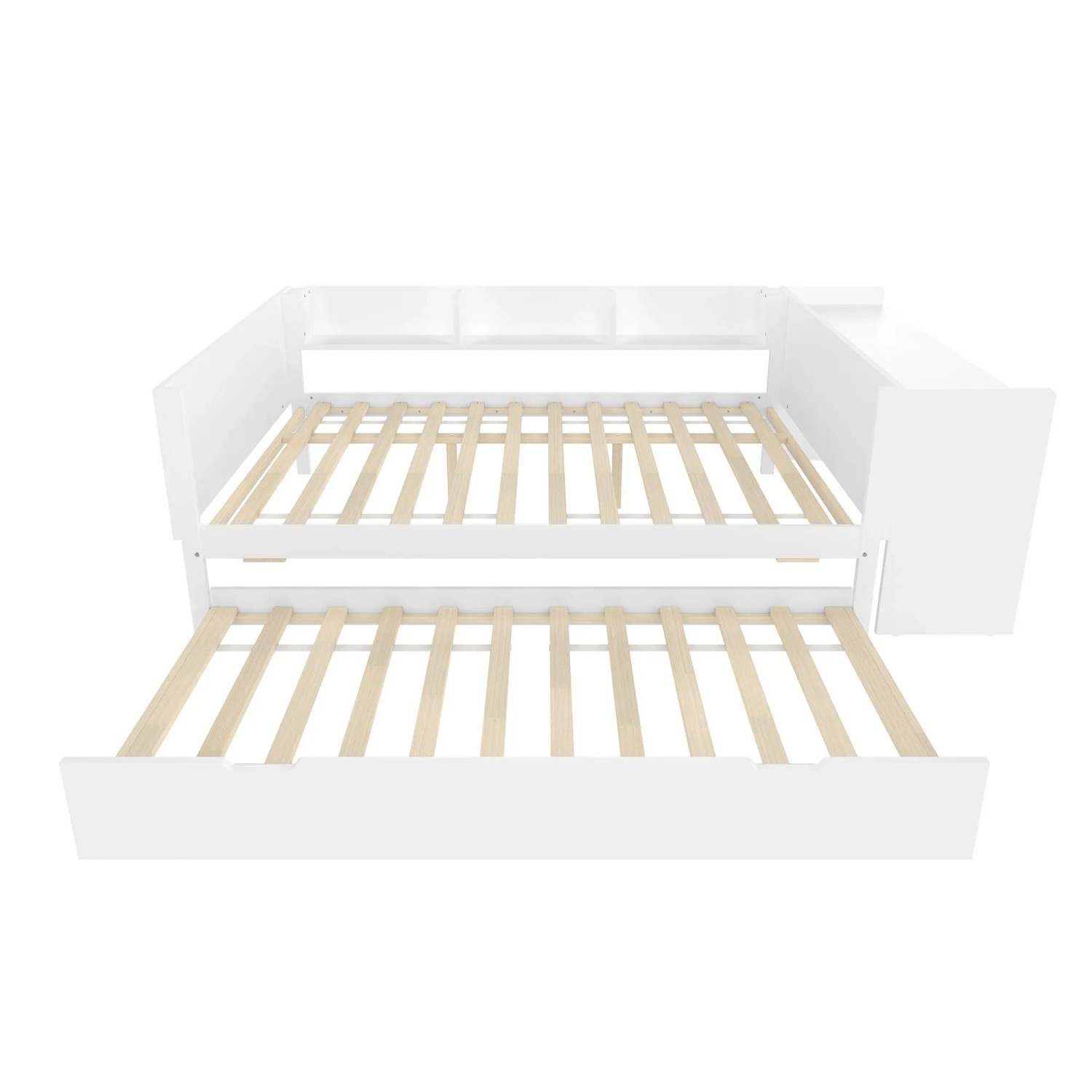 okwish Flachbett 140x200cm mit Schreibtisch und Rollbett Regalen Weiß ohne Matratze