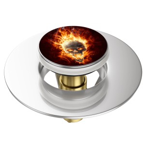 Sanilo Pop Up Waschbeckenstöpsel mit Totenkopf in Flammen Design.