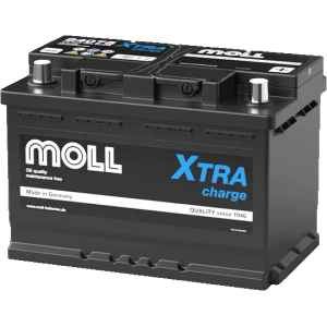 Schwarze MOLL Xtra Charge Starterbatterie 12V 75Ah mit zwei Polen. Für Autoelektrik.
