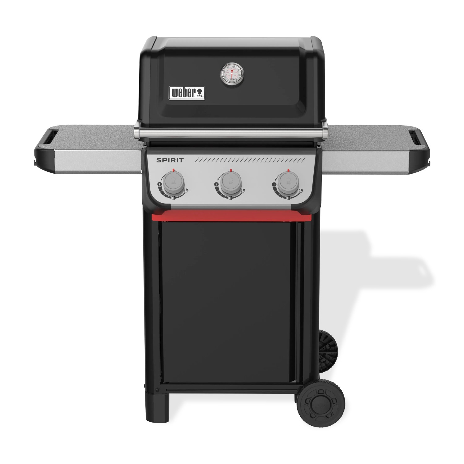 Schwarzer Weber Gasgrill E-310 Spirit mit 3 Brennern und Seitentischen.