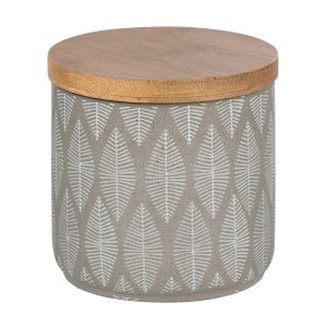 Wenko Universaldose Tupian Grau, Keramikdose mit Bambusdeckel und Blattmuster, 10x10,5x10 cm.