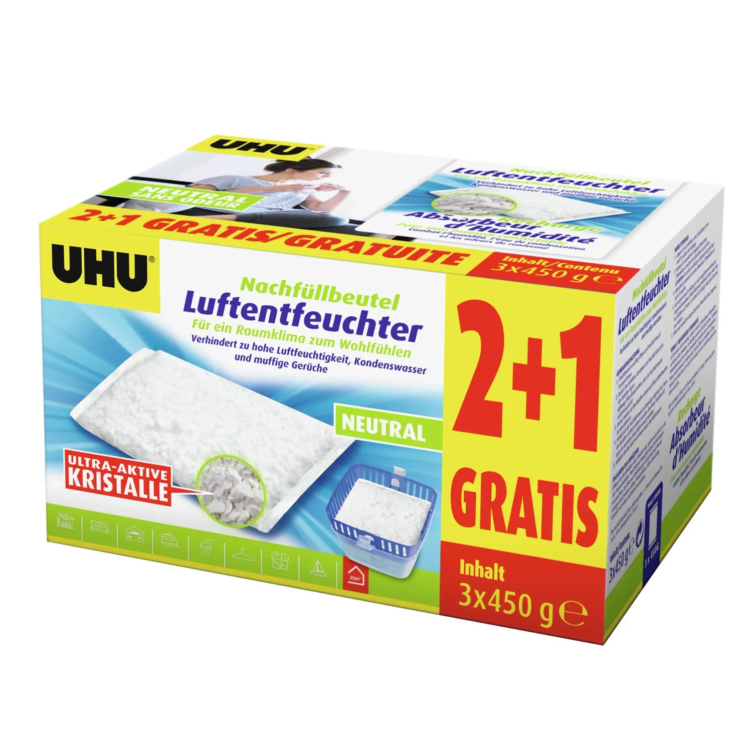 UHU Luftentfeuchter Nachfüllbeutel 2+1 gratis Packung, neutral, gegen hohe Luftfeuchtigkeit.