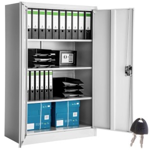Grauer Tectake Aktenschrank aus Stahl mit geöffneten Flügeltüren und diversen Büroartikeln.
