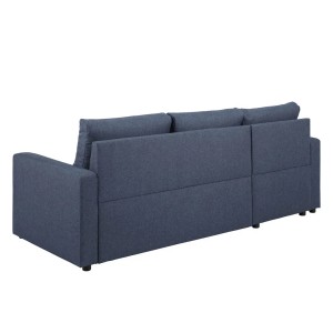 Blaues Schlafsofa mit Ottomane, Auszug und Stauraum (Rückansicht).
