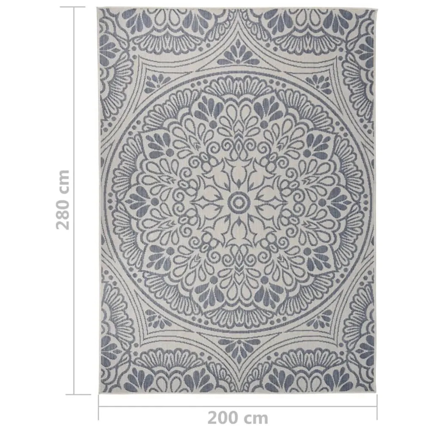 Blauer Outdoor-Teppich (200x280 cm) mit Mandala-Muster. Flachgewebe, ideal für Terrasse und Balkon.