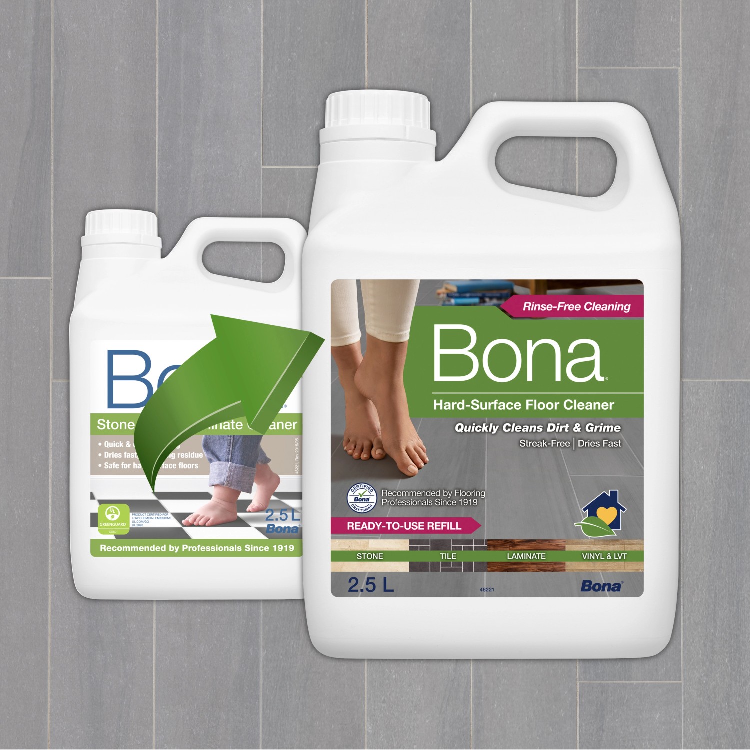 Bona Reiniger Nachfüllkanister 2,5l für Stein, Fliesen & Laminat. Effektive, streifenfreie Reinigung für Hartböden.
